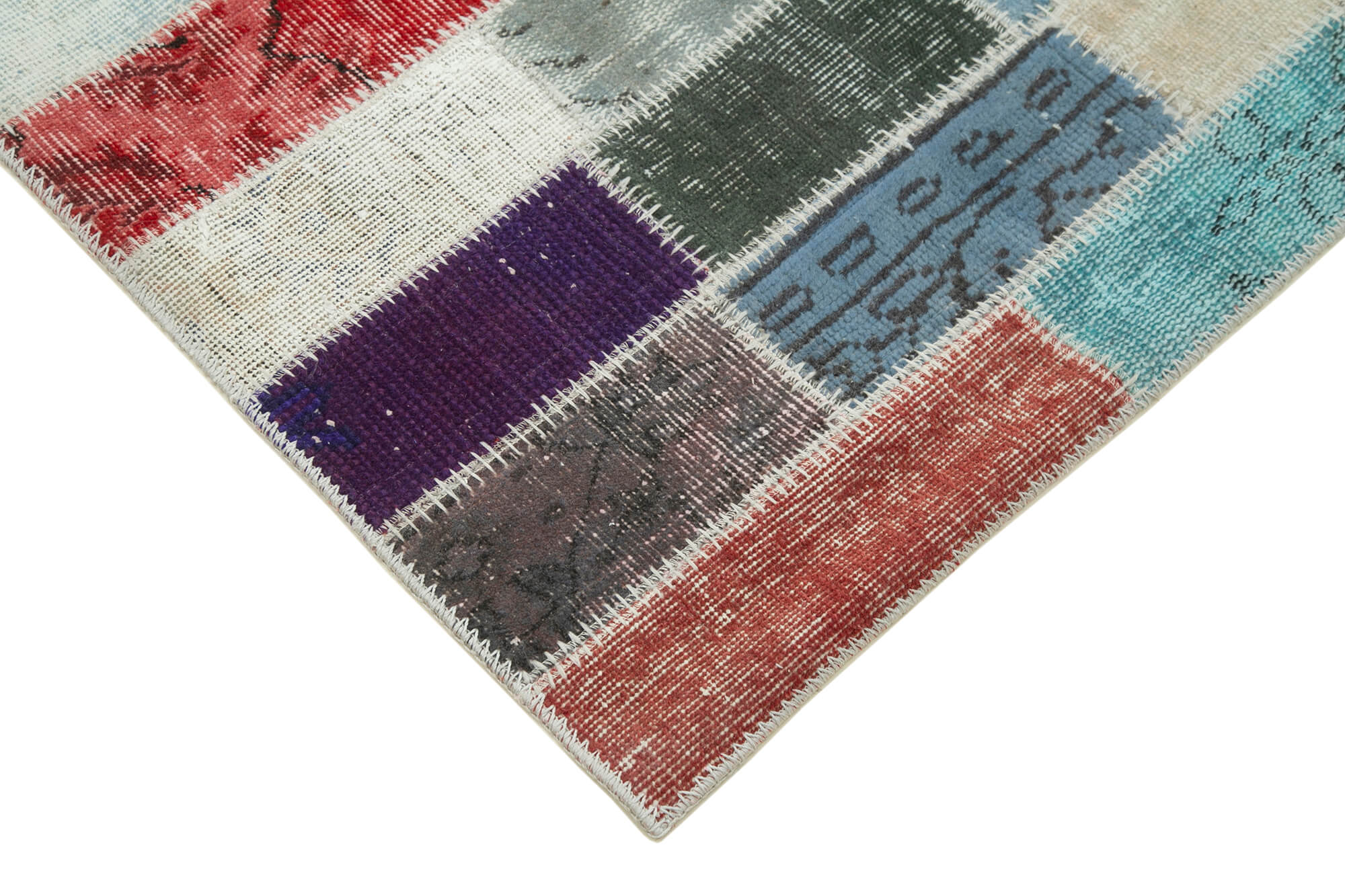 Kırk Yama Mavi Patchwork Pamuk Yün El Dokuma Halısı 95x318 Agacan