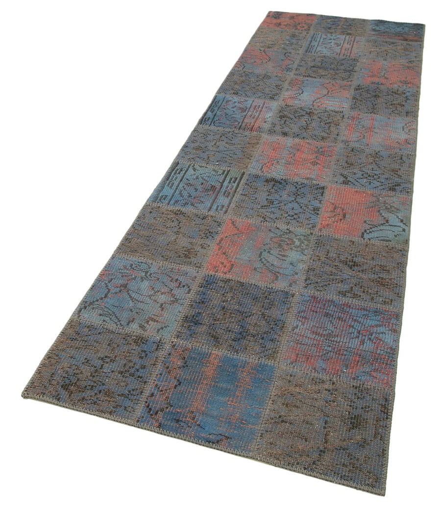 Kırk Yama Mavi Patchwork Pamuk Yün El Dokuma Halısı 88x300 Agacan