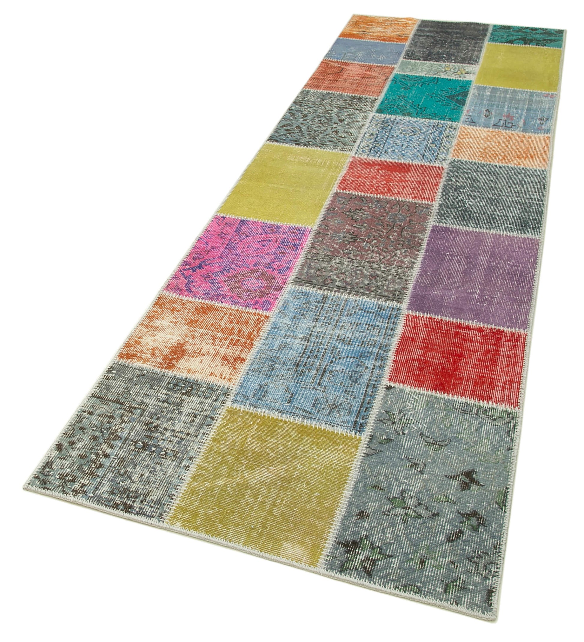 Kırk Yama Mavi Patchwork Pamuk Yün El Dokuma Halısı 93x297 Agacan