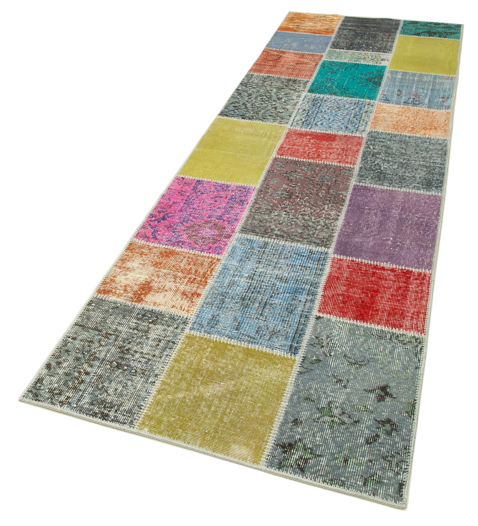 Kırk Yama Mavi Patchwork Pamuk Yün El Dokuma Halısı 93x297 Agacan