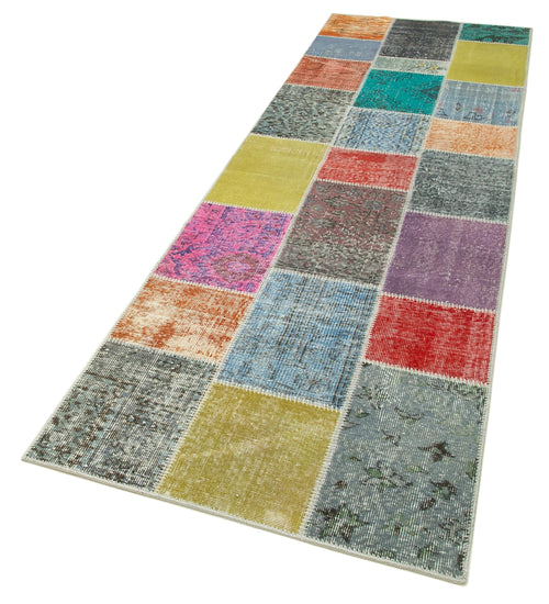 Kırk Yama Mavi Patchwork Pamuk Yün El Dokuma Halısı 93x297 Agacan