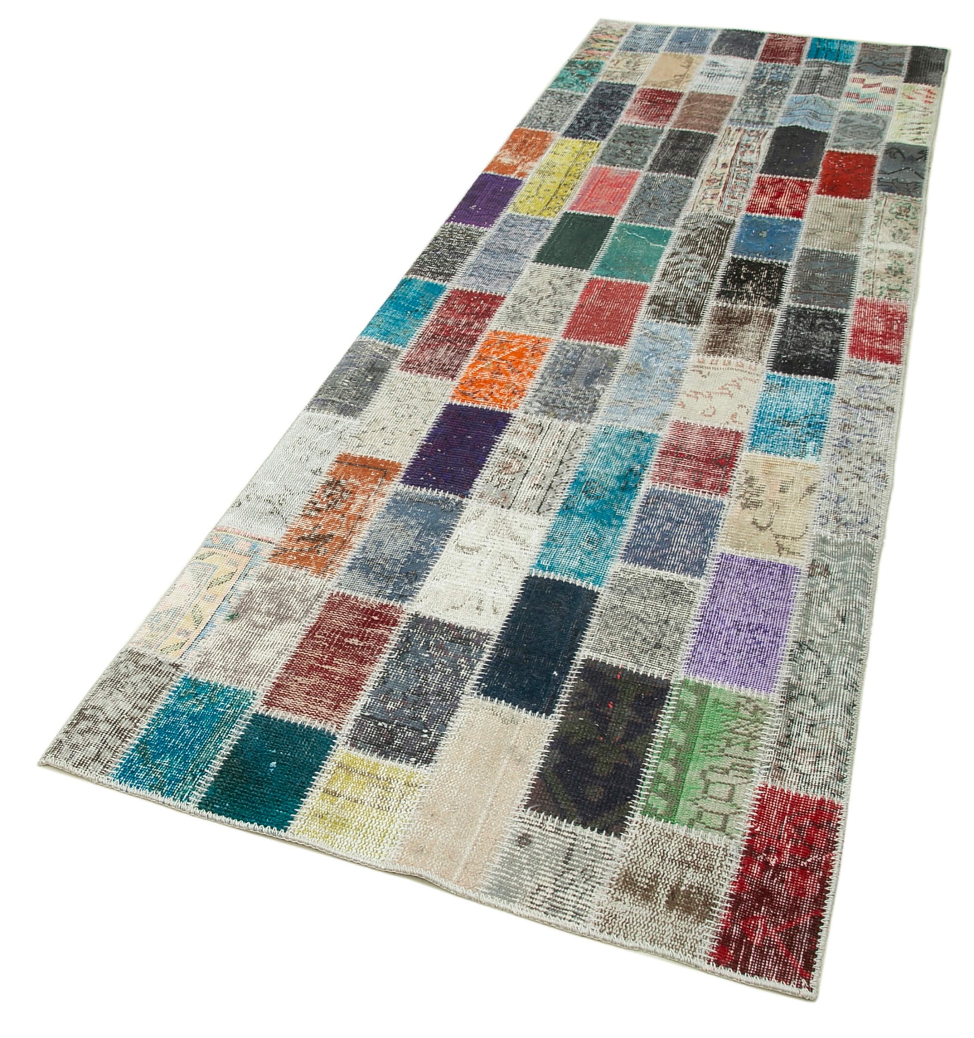 Kırk Yama Mavi Patchwork Pamuk Yün El Dokuma Halısı 98x308 Agacan