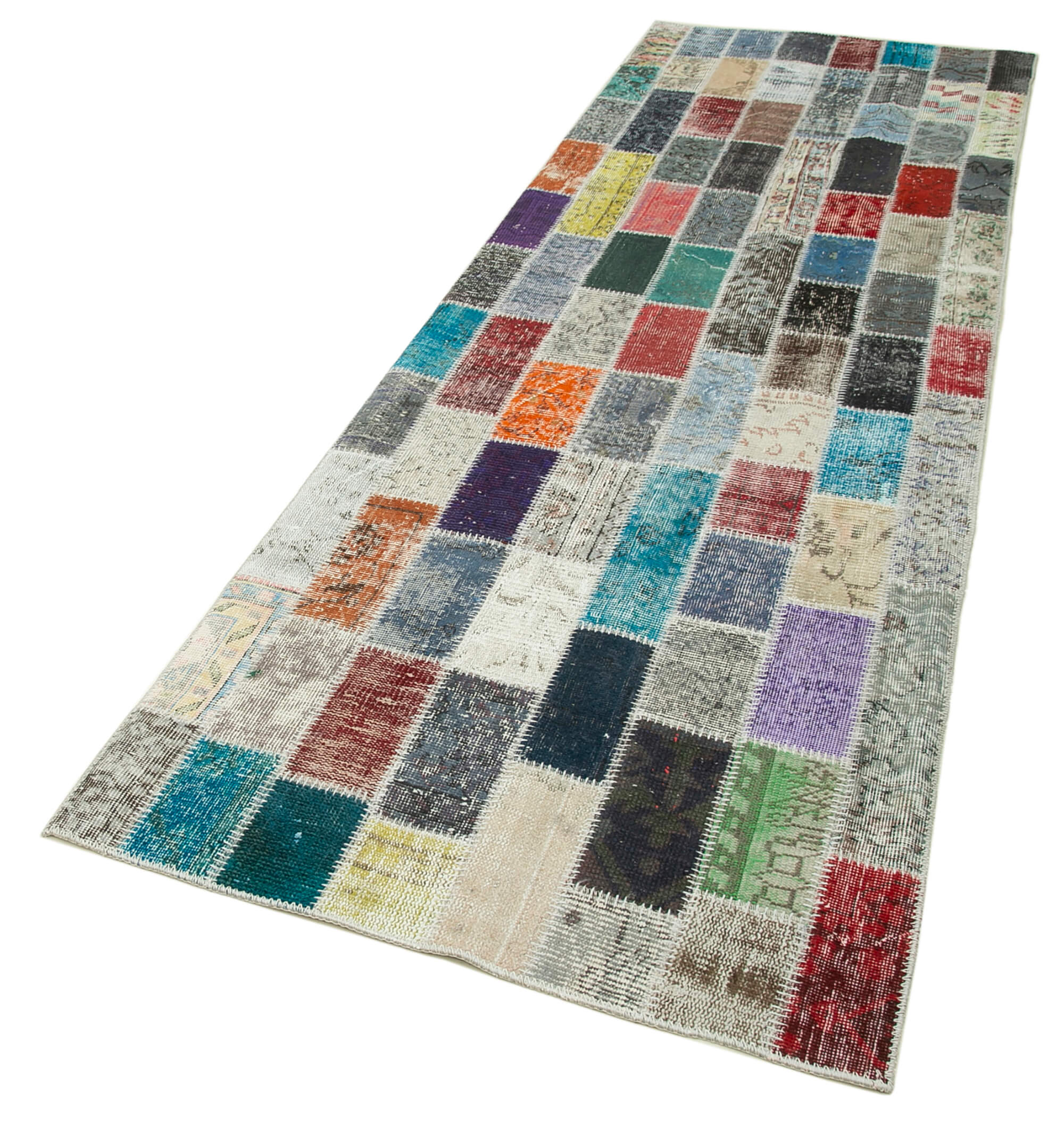 Kırk Yama Mavi Patchwork Pamuk Yün El Dokuma Halısı 98x308 Agacan