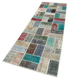 Kırk Yama Mavi Patchwork Pamuk Yün El Dokuma Halısı 87x293 Agacan