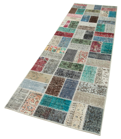 Kırk Yama Mavi Patchwork Pamuk Yün El Dokuma Halısı 87x293 Agacan