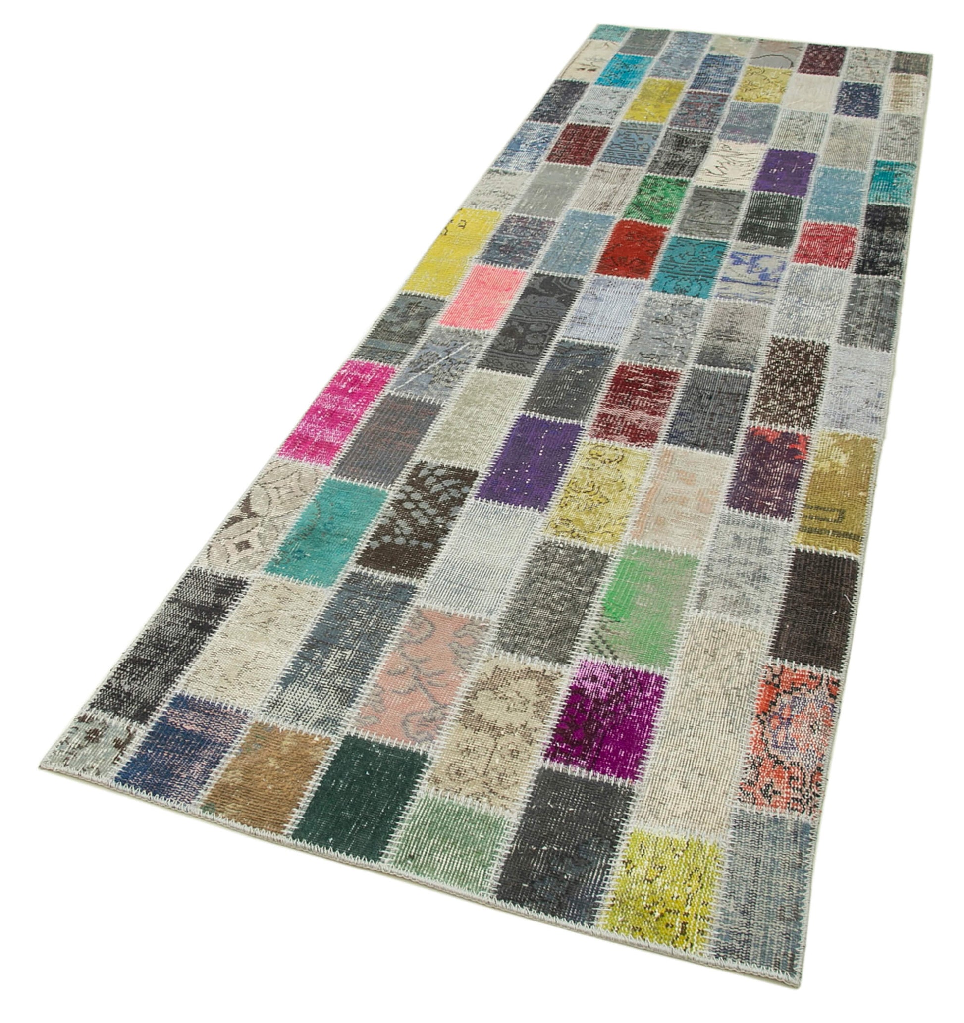 Kırk Yama Mavi Patchwork Pamuk Yün El Dokuma Halısı 97x305 Agacan