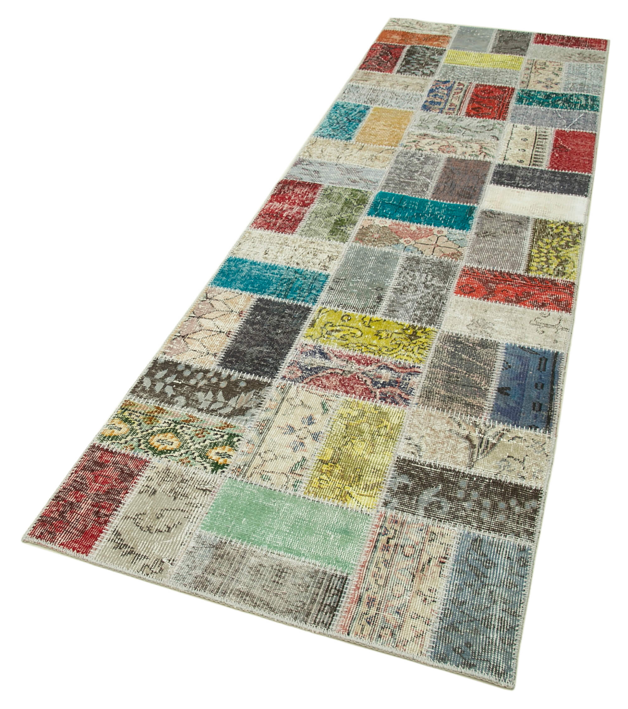 Kırk Yama Mavi Patchwork Pamuk Yün El Dokuma Halısı 87x293 Agacan
