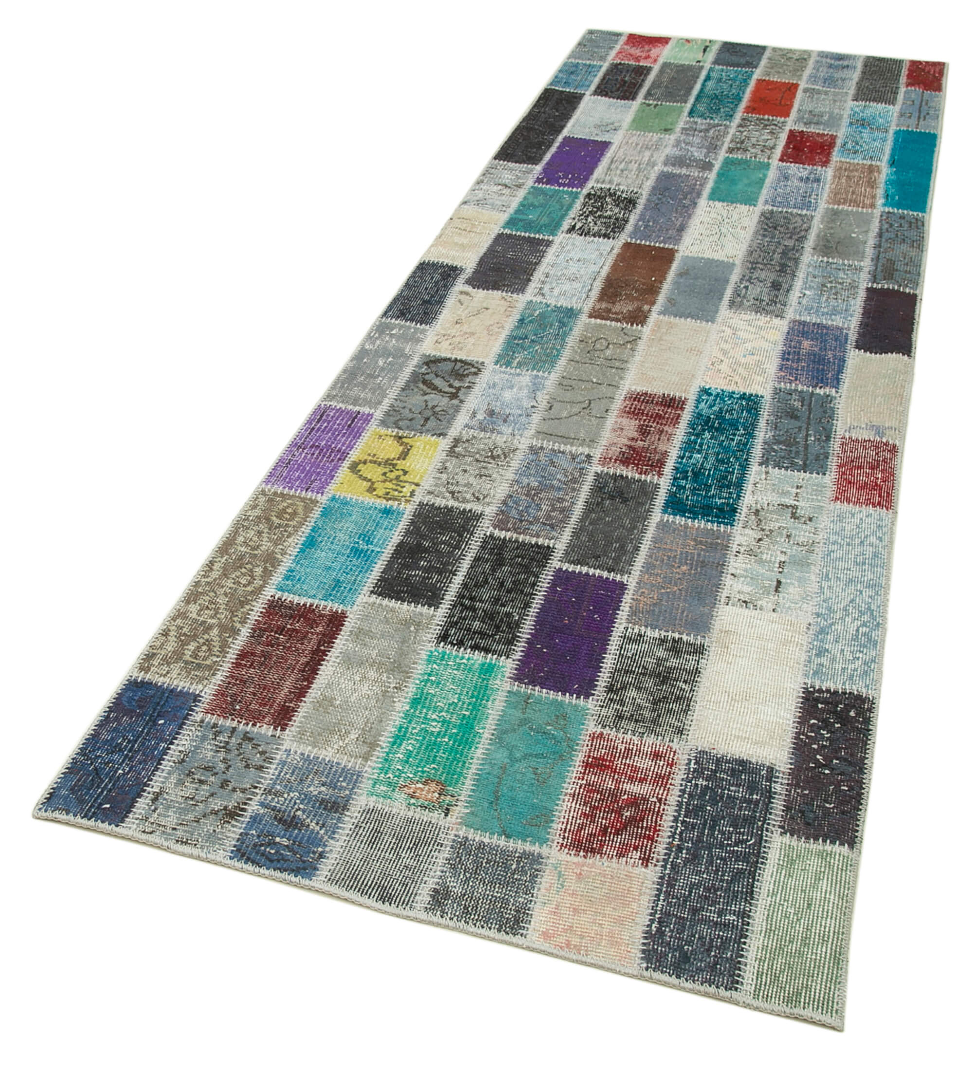 Kırk Yama Mavi Patchwork Pamuk Yün El Dokuma Halısı 95x305 Agacan