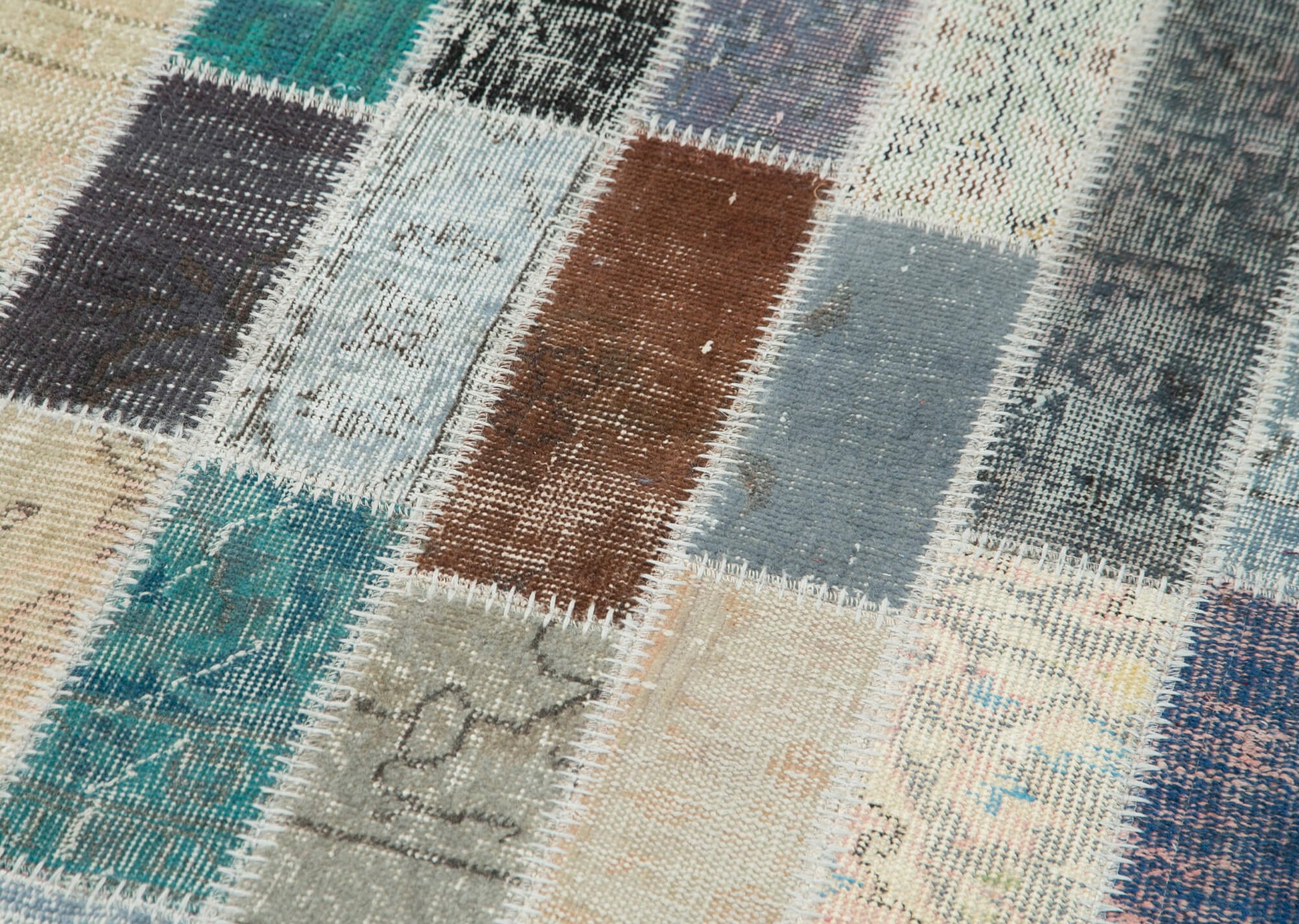 Kırk Yama Mavi Patchwork Pamuk Yün El Dokuma Halısı 95x305 Agacan