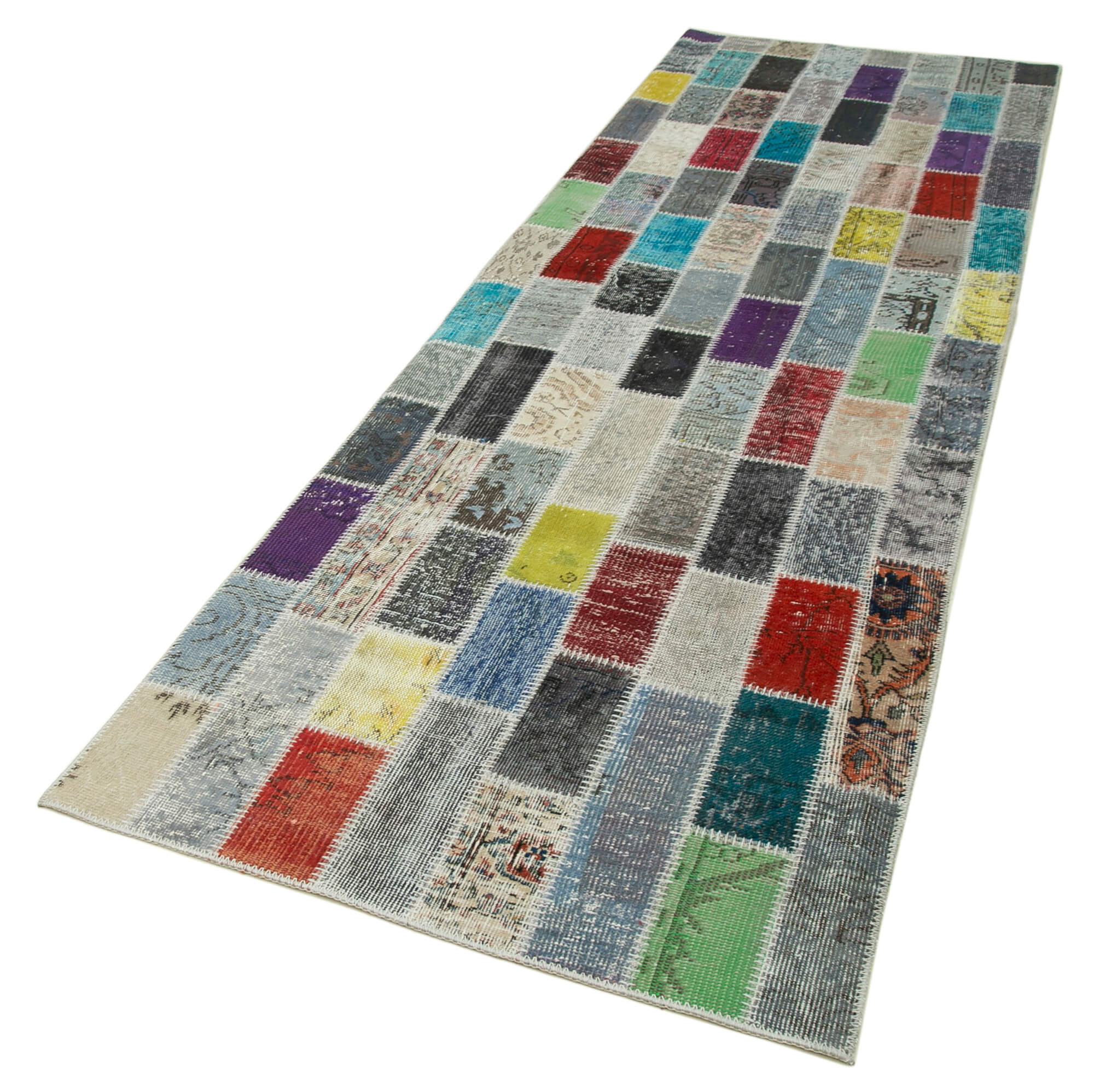 Kırk Yama Mavi Patchwork Pamuk Yün El Dokuma Halısı 98x314 Agacan