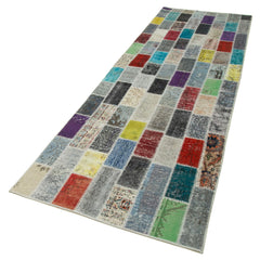 Kırk Yama Mavi Patchwork Pamuk Yün El Dokuma Halısı 98x314 Agacan