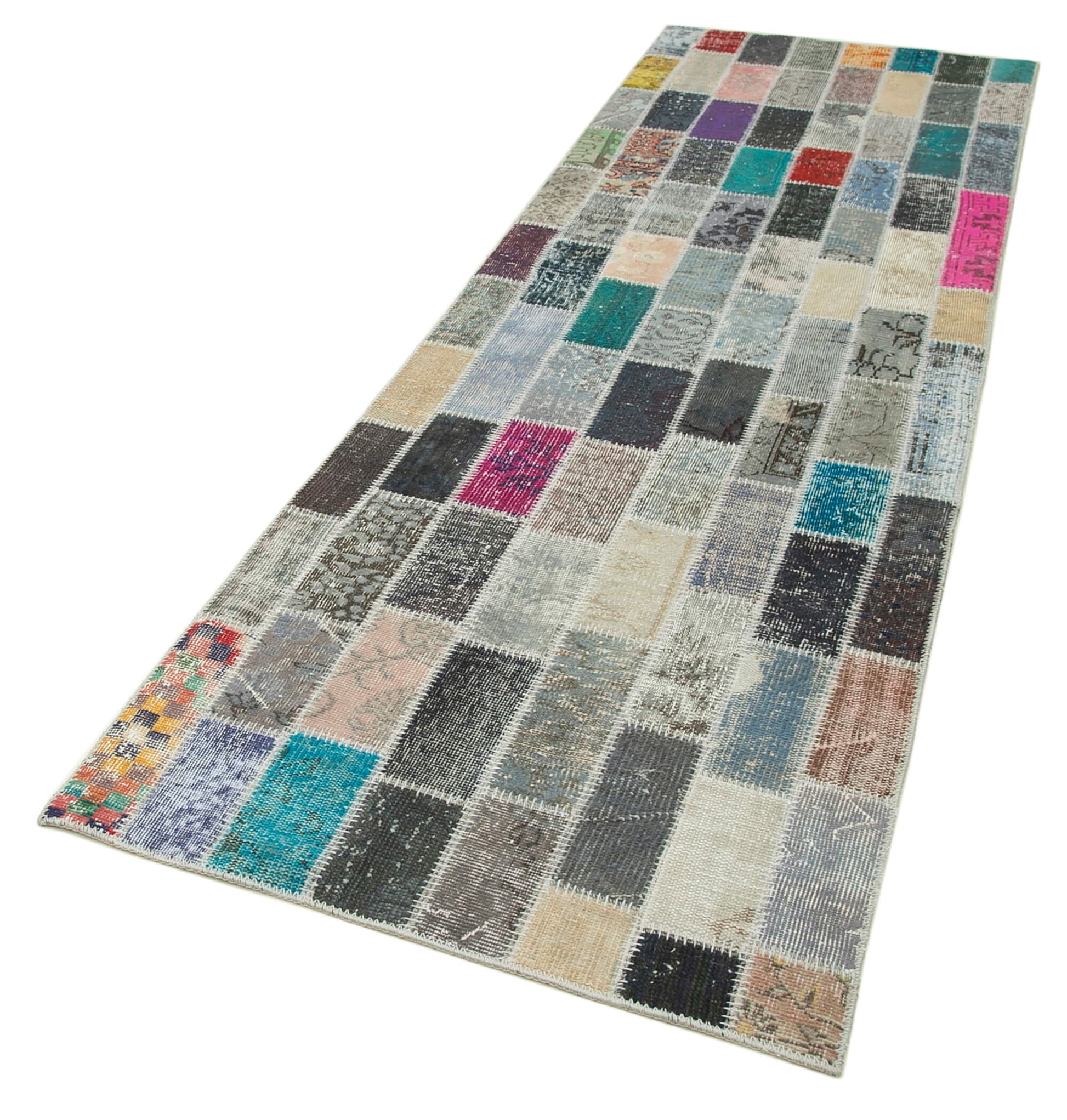 Kırk Yama Mavi Patchwork Pamuk Yün El Dokuma Halısı 95x307 Agacan