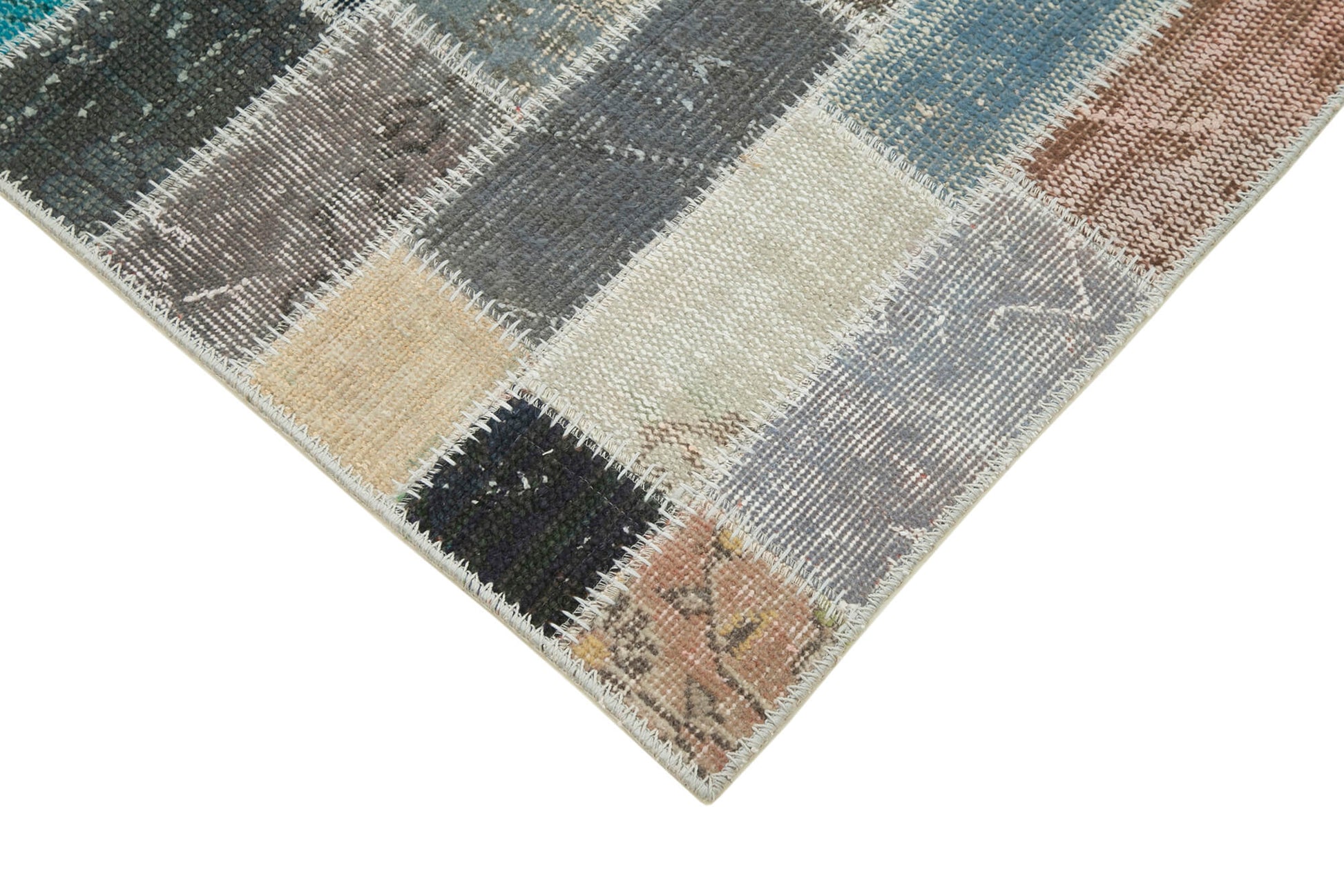 Kırk Yama Mavi Patchwork Pamuk Yün El Dokuma Halısı 95x307 Agacan