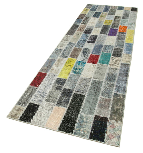 Kırk Yama Mavi Patchwork Pamuk Yün El Dokuma Halısı 94x303 Agacan