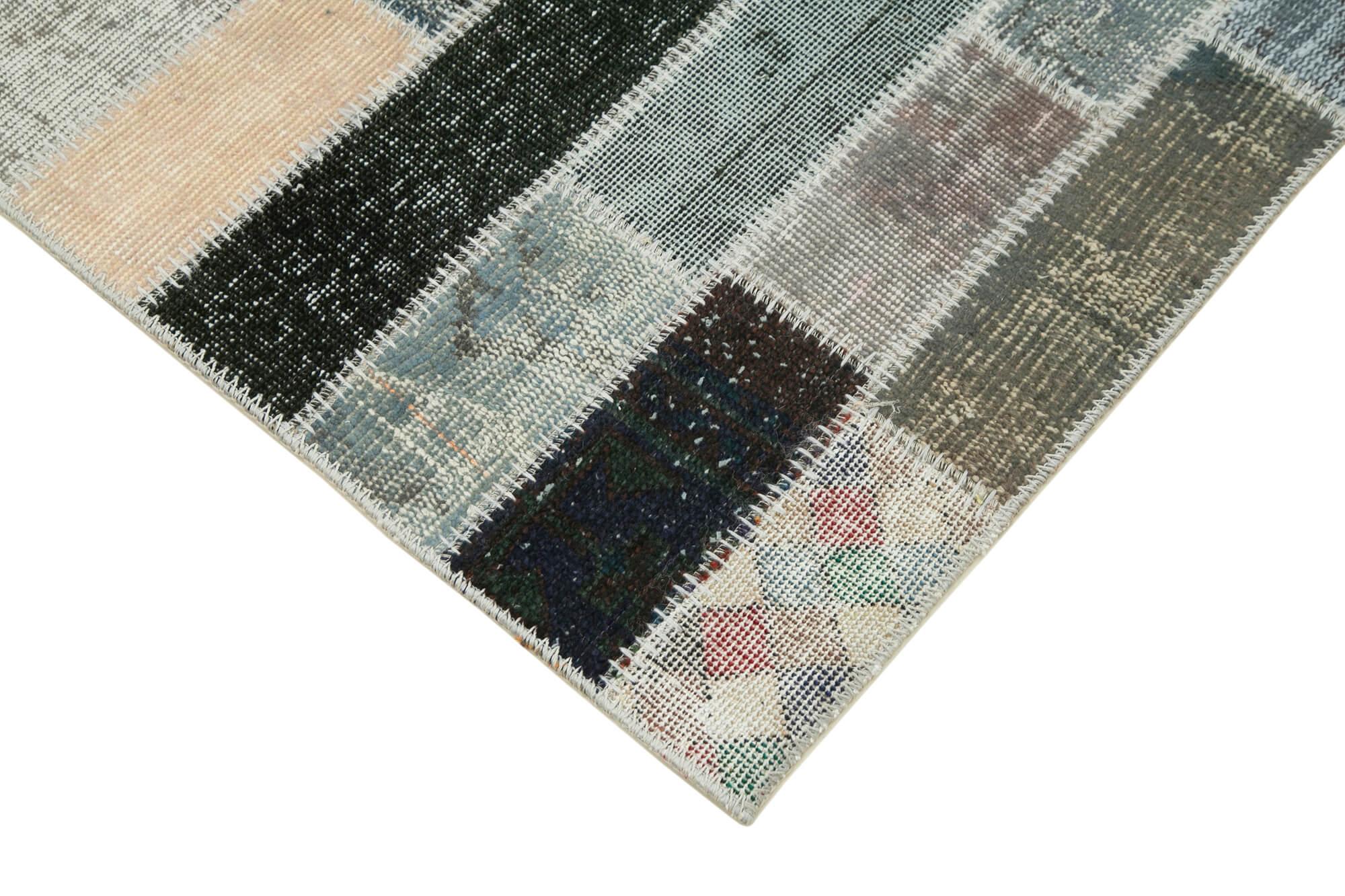 Kırk Yama Mavi Patchwork Pamuk Yün El Dokuma Halısı 94x303 Agacan