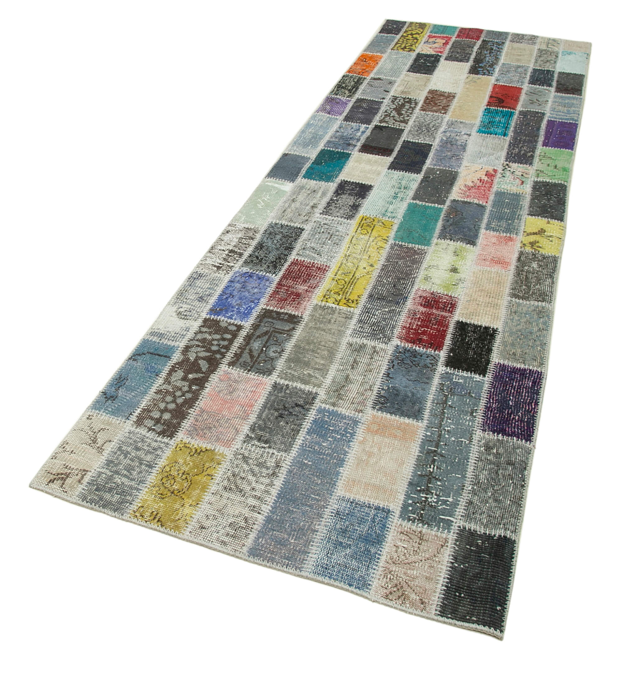 Kırk Yama Mavi Patchwork Pamuk Yün El Dokuma Halısı 96x330 Agacan