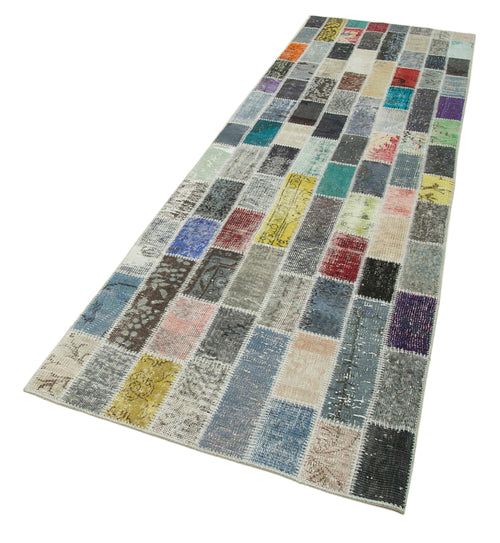 Kırk Yama Mavi Patchwork Pamuk Yün El Dokuma Halısı 96x330 Agacan