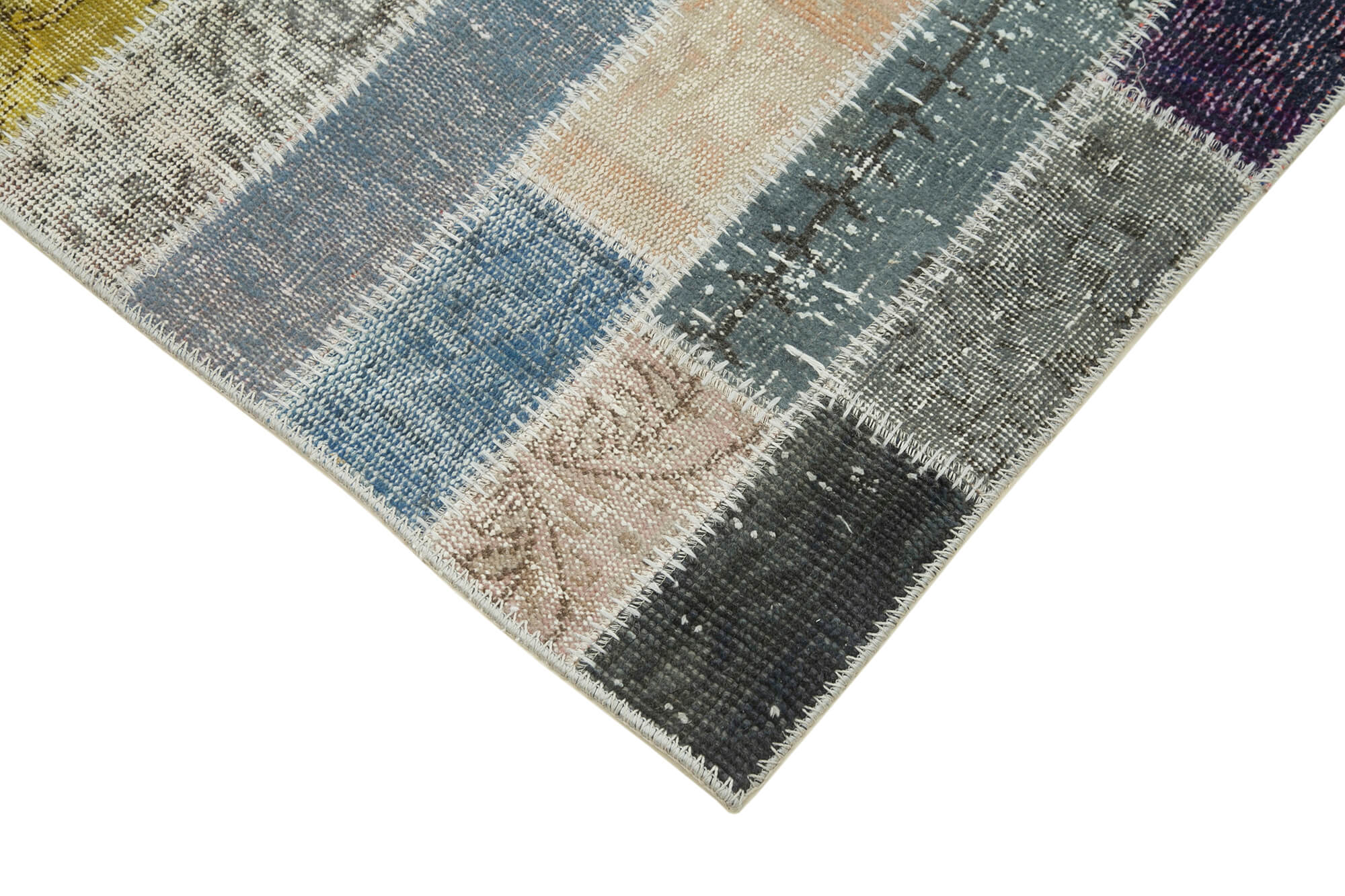 Kırk Yama Mavi Patchwork Pamuk Yün El Dokuma Halısı 96x330 Agacan