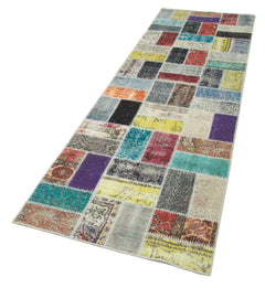 Kırk Yama Mavi Patchwork Pamuk Yün El Dokuma Halısı 86x294 Agacan
