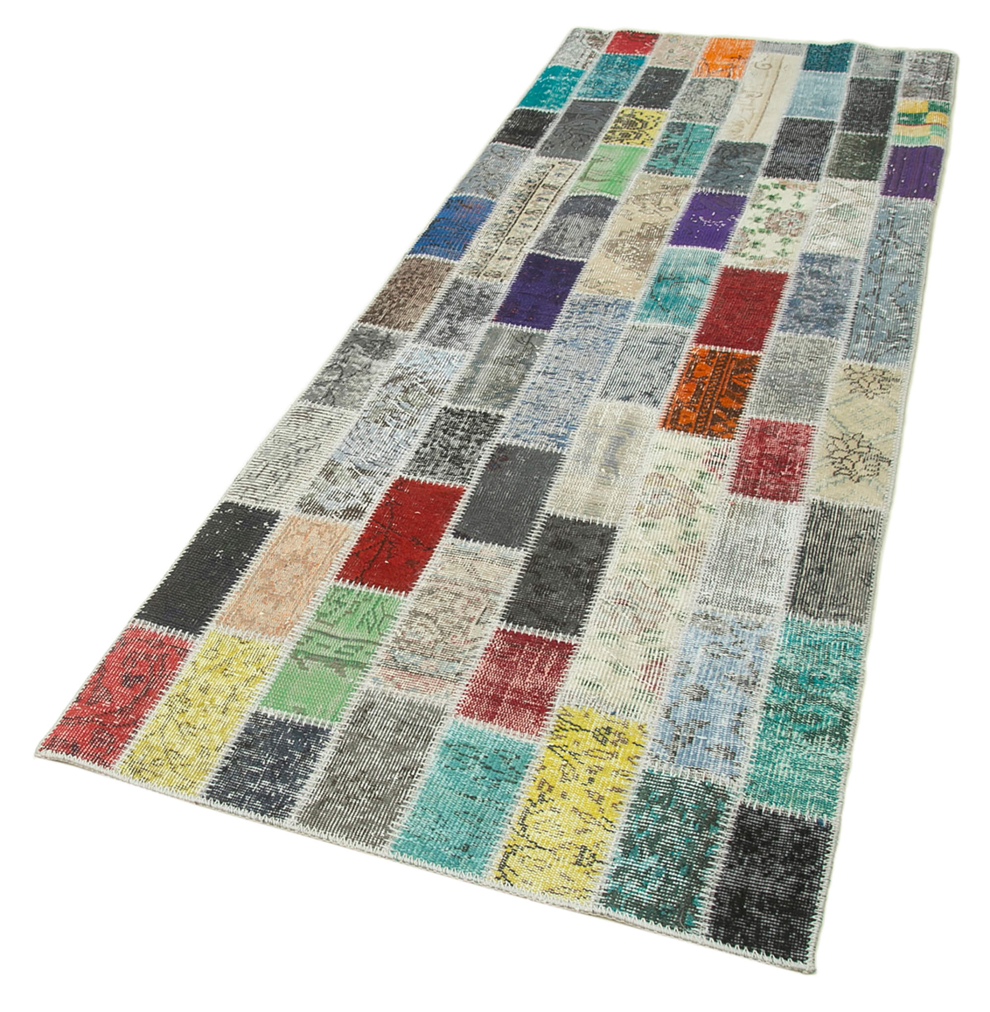 Kırk Yama Mavi Patchwork Pamuk Yün El Dokuma Halısı 96x269 Agacan