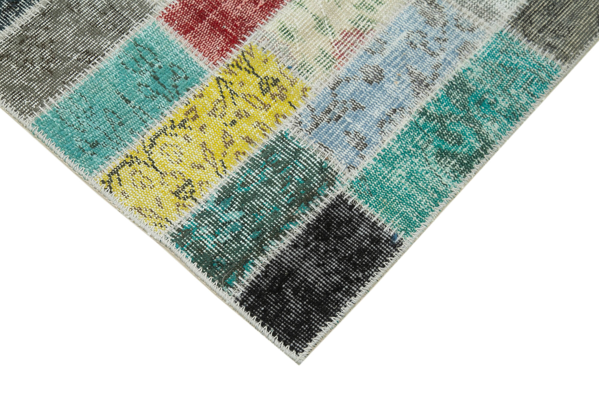 Kırk Yama Mavi Patchwork Pamuk Yün El Dokuma Halısı 96x269 Agacan