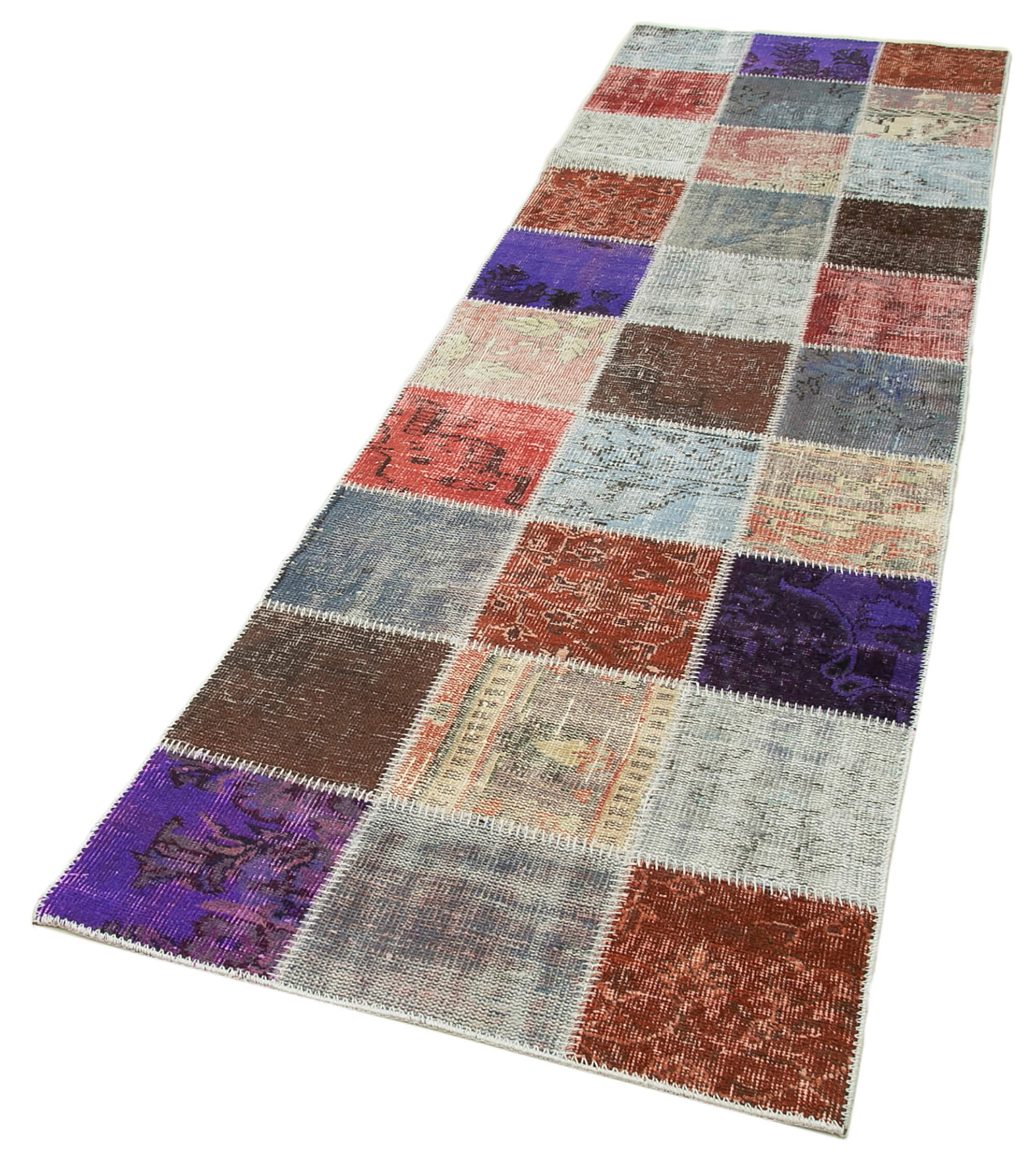 Kırk Yama Mavi Patchwork Pamuk Yün El Dokuma Halısı 83x297 Agacan