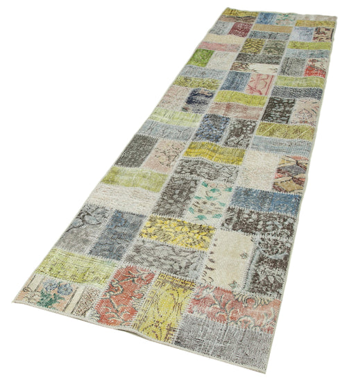Kırk Yama Mavi Patchwork Pamuk Yün El Dokuma Halısı 86x325 Agacan