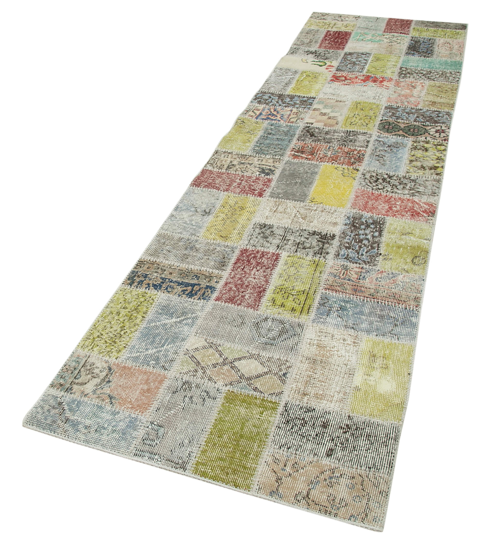 Kırk Yama Mavi Patchwork Pamuk Yün El Dokuma Halısı 85x320 Agacan