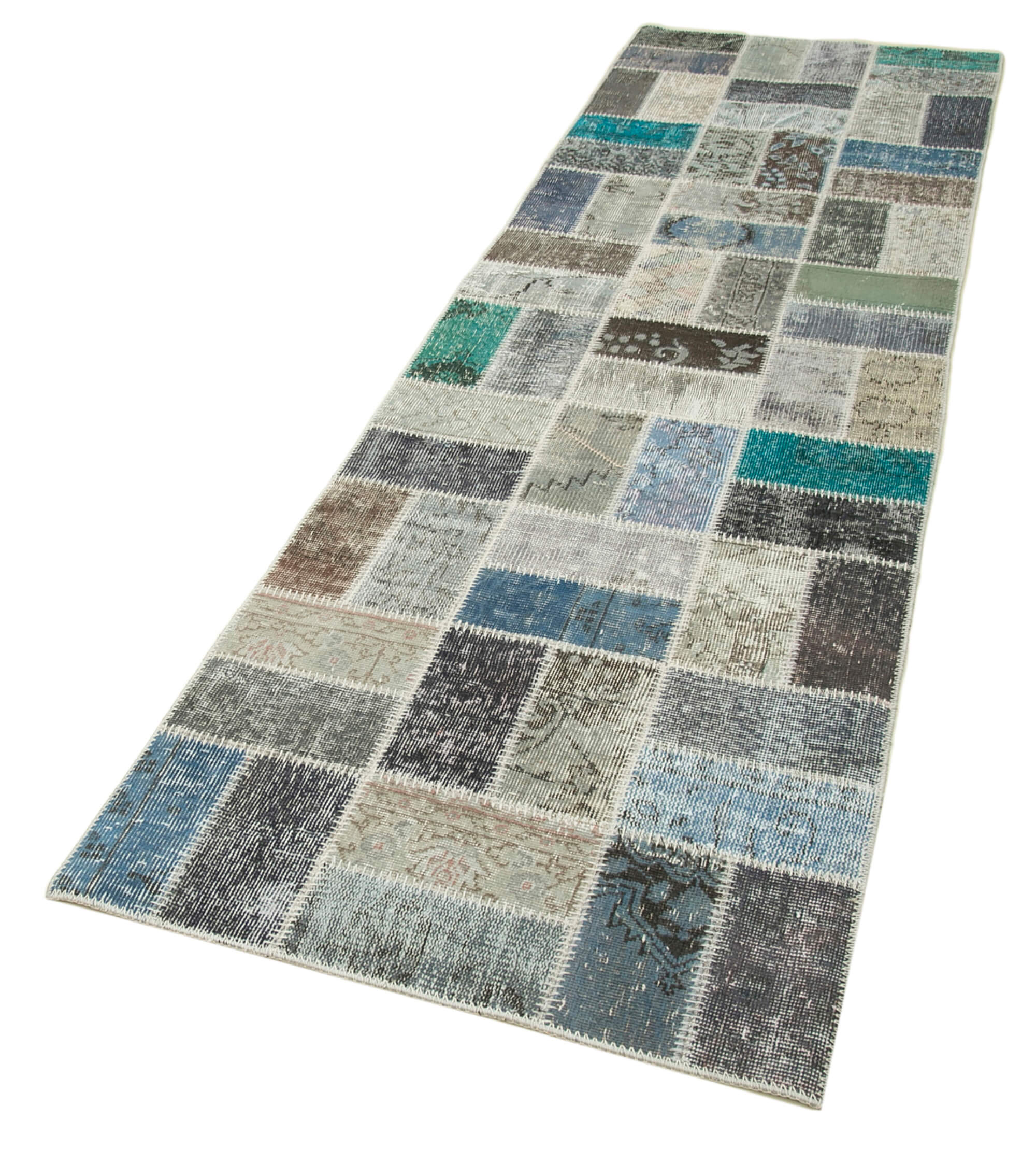 Kırk Yama Mavi Patchwork Pamuk Yün El Dokuma Halısı 85x293 Agacan