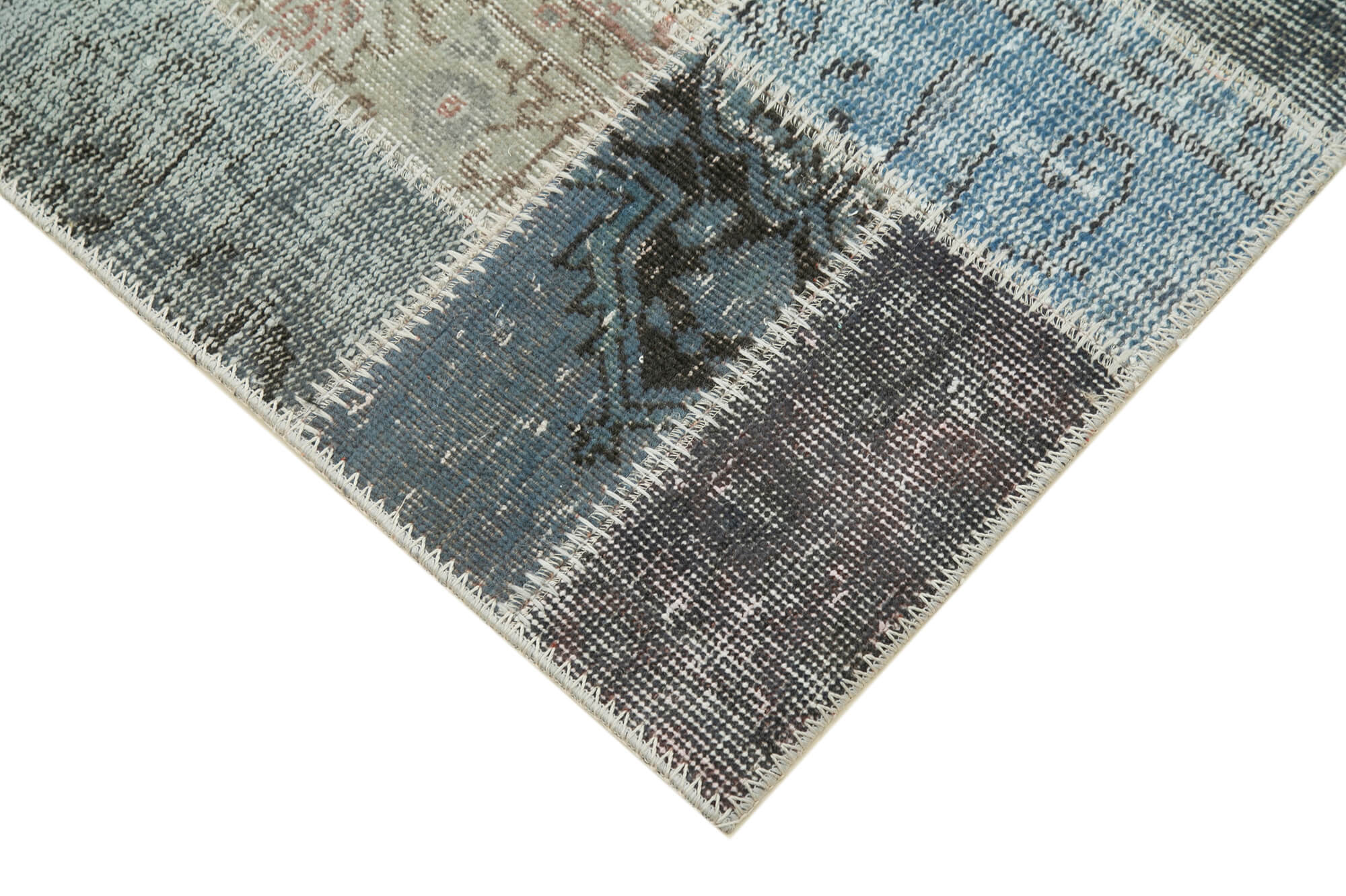 Kırk Yama Mavi Patchwork Pamuk Yün El Dokuma Halısı 85x293 Agacan