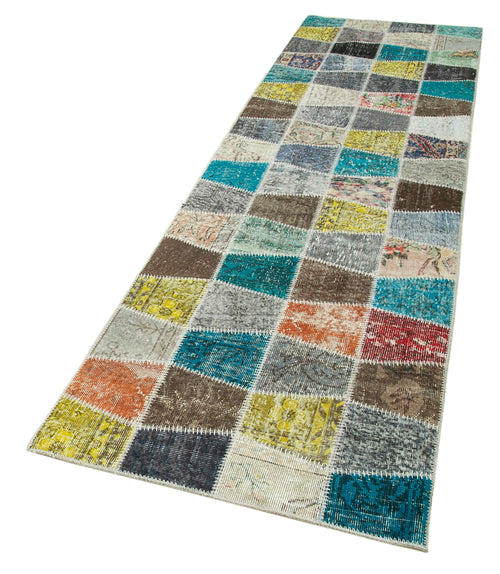 Kırk Yama Mavi Patchwork Pamuk Yün El Dokuma Halısı 88x309 Agacan