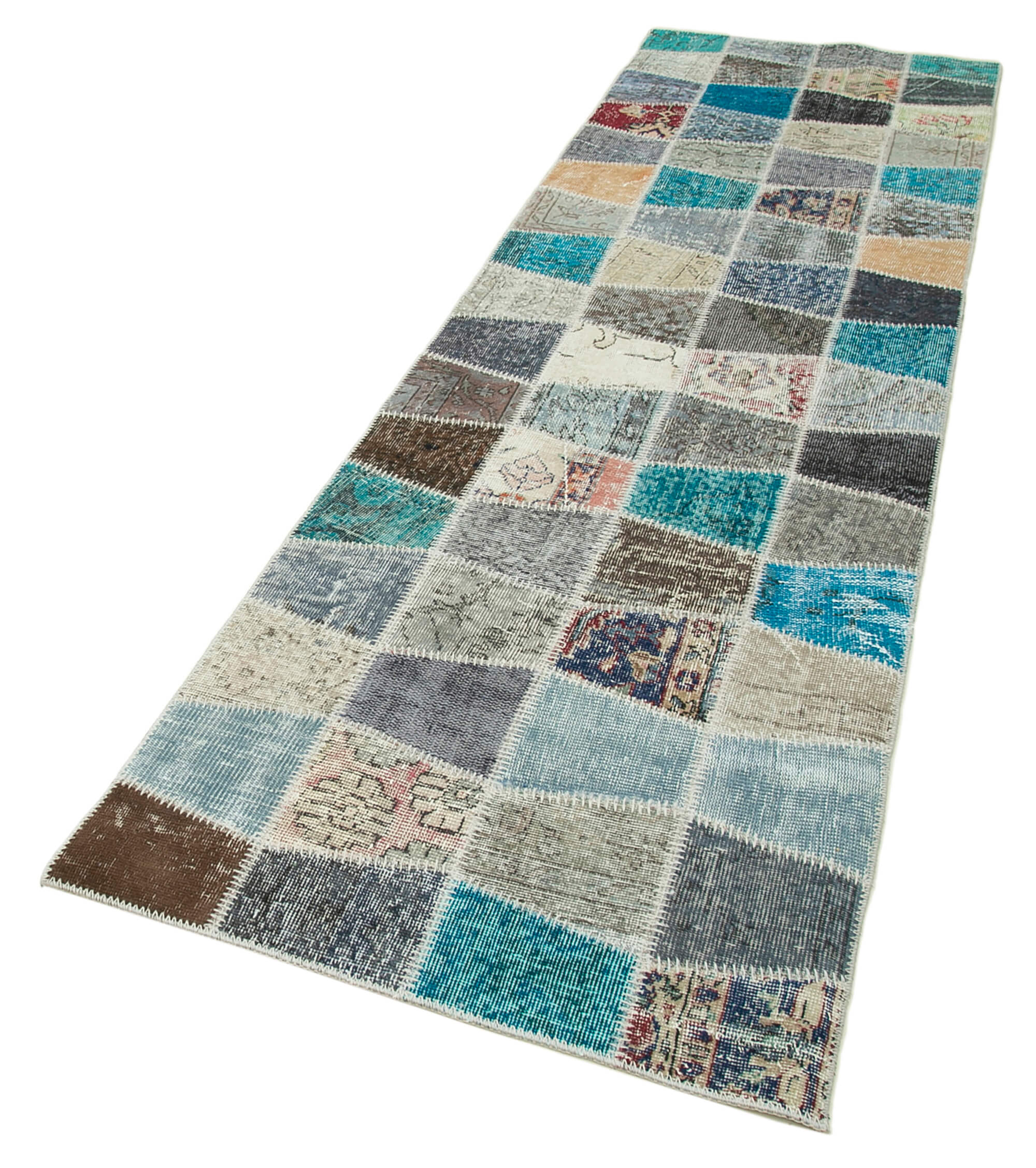 Kırk Yama Mavi Patchwork Pamuk Yün El Dokuma Halısı 87x309 Agacan