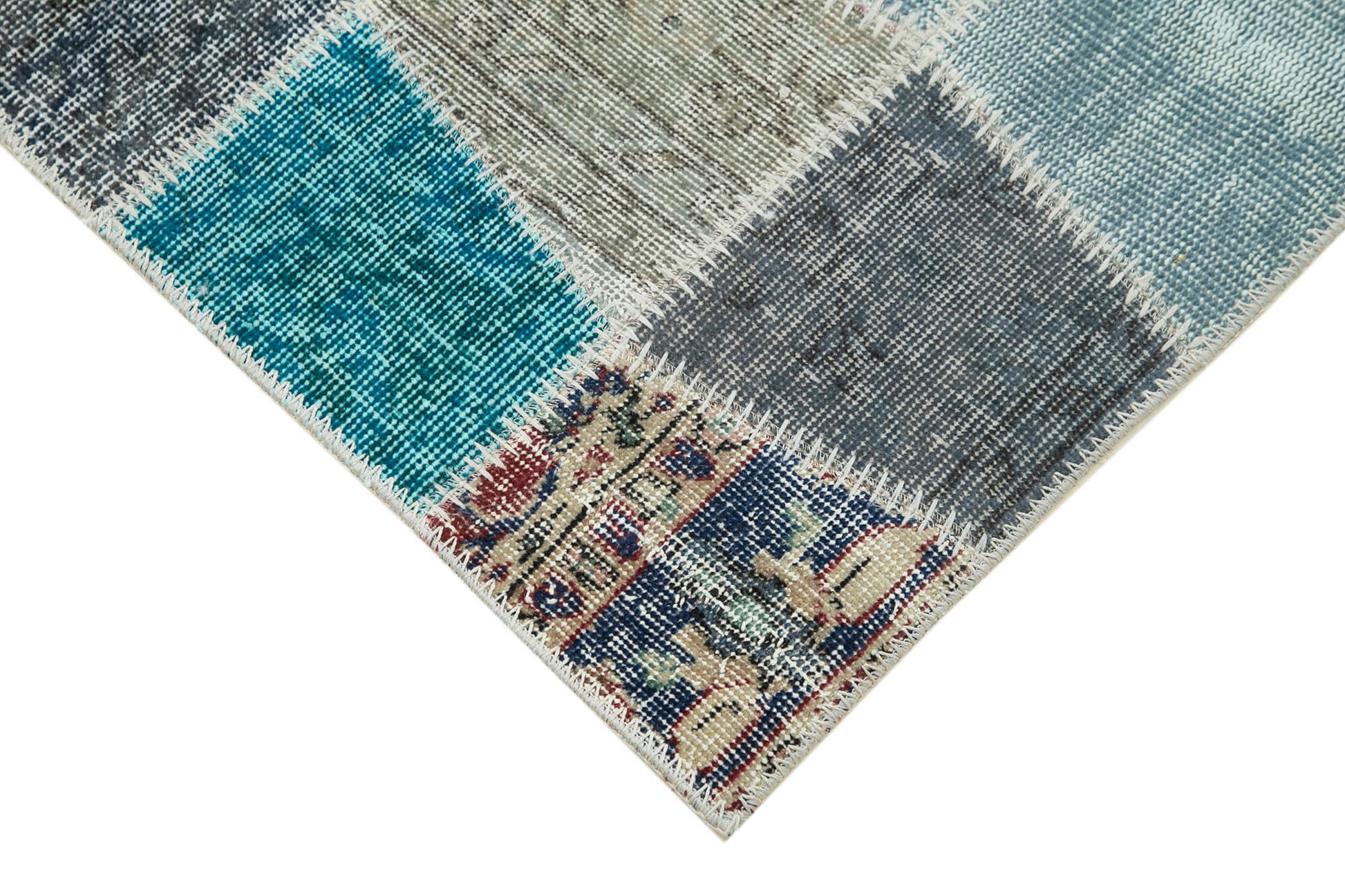 Kırk Yama Mavi Patchwork Pamuk Yün El Dokuma Halısı 87x309 Agacan