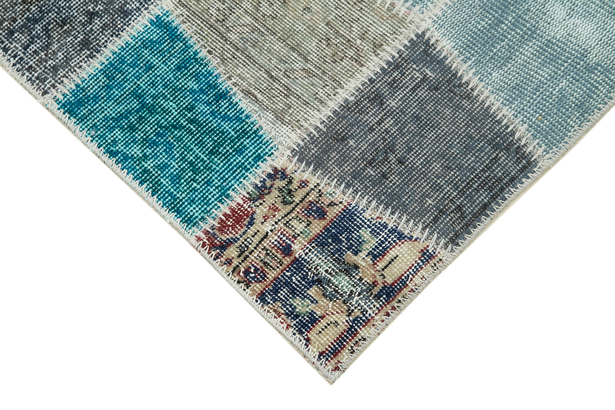 Kırk Yama Mavi Patchwork Pamuk Yün El Dokuma Halısı 87x309 Agacan