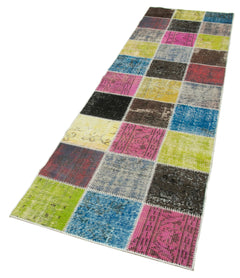 Kırk Yama Mavi Patchwork Pamuk Yün El Dokuma Halısı 83x297 Agacan