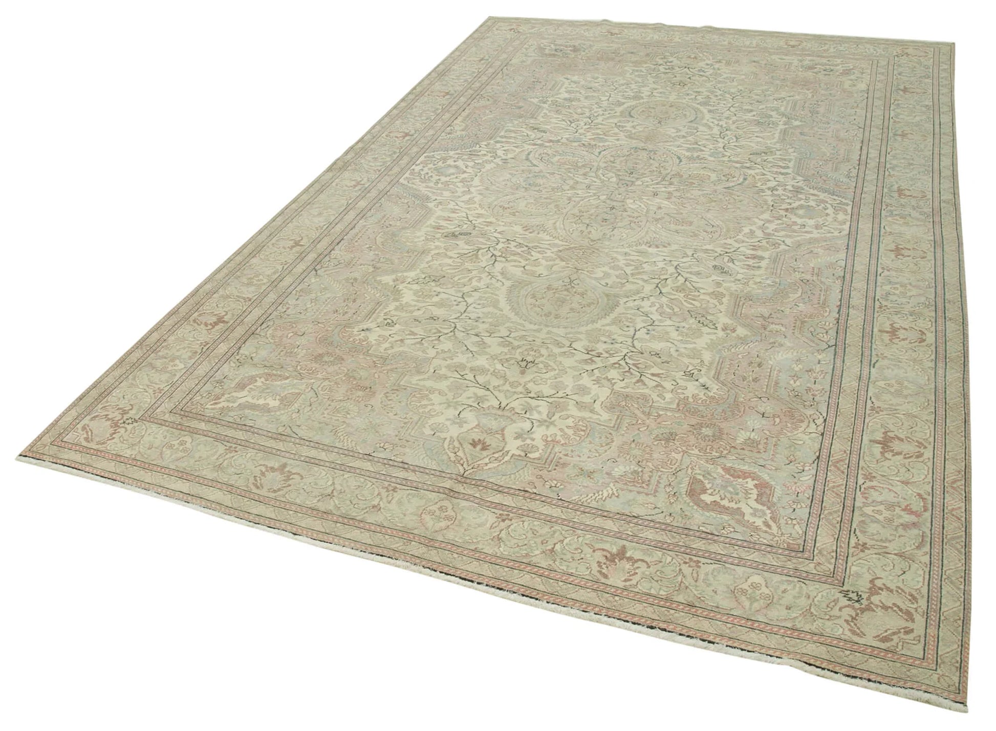 Kayseri Vintage Bej Eskitme Pamuk Yün El Dokuma Halısı 195x310 Agacan