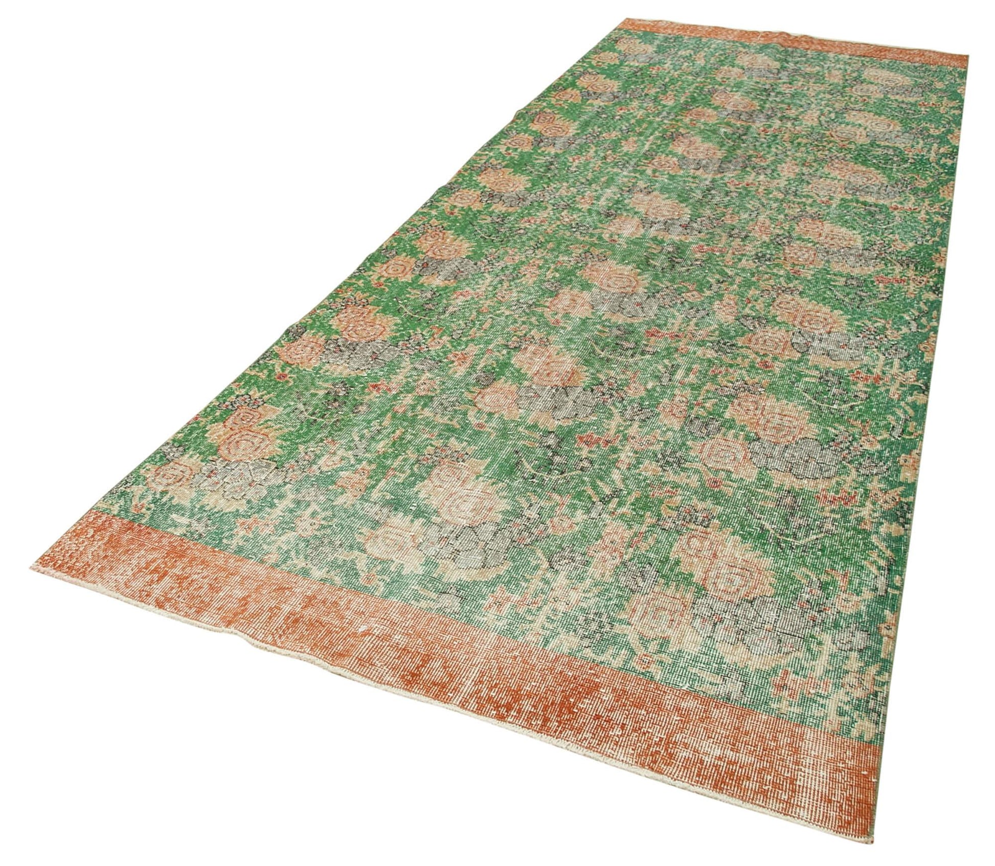 Kayseri Vintage Yeşil Eskitme Pamuk Yün El Dokuma Halısı 138x388 Agacan