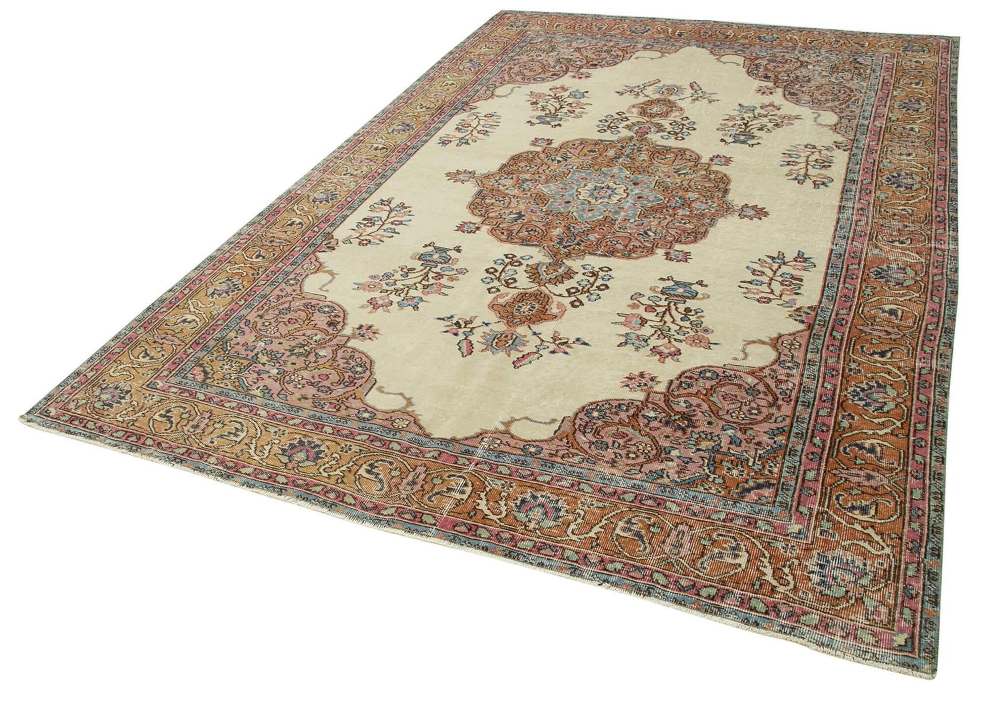 Kayseri Vintage Bej Eskitme Pamuk Yün El Dokuma Halısı 190x293 Agacan