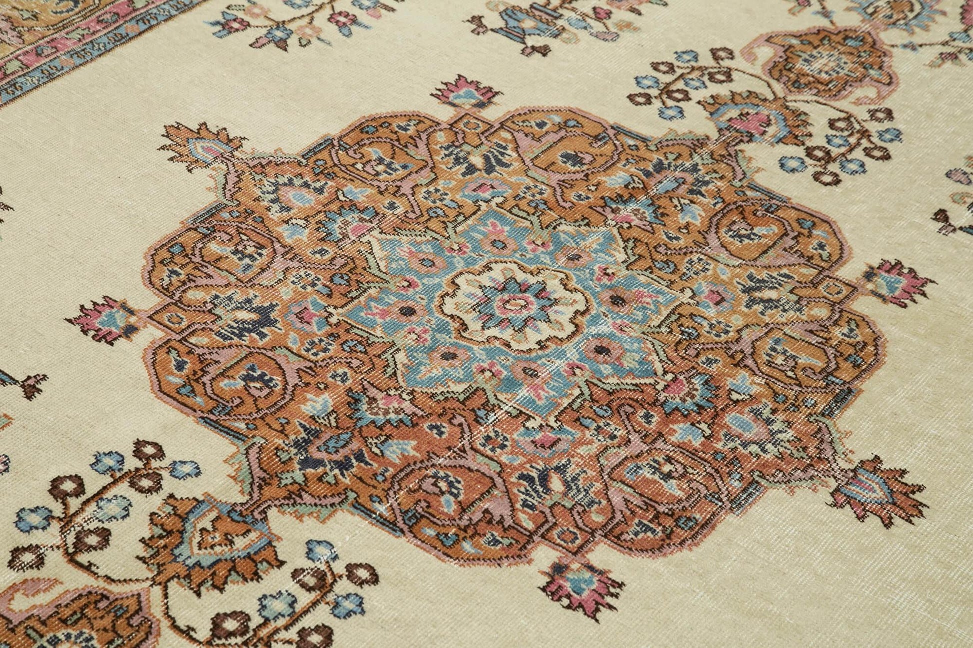 Kayseri Vintage Bej Eskitme Pamuk Yün El Dokuma Halısı 190x293 Agacan