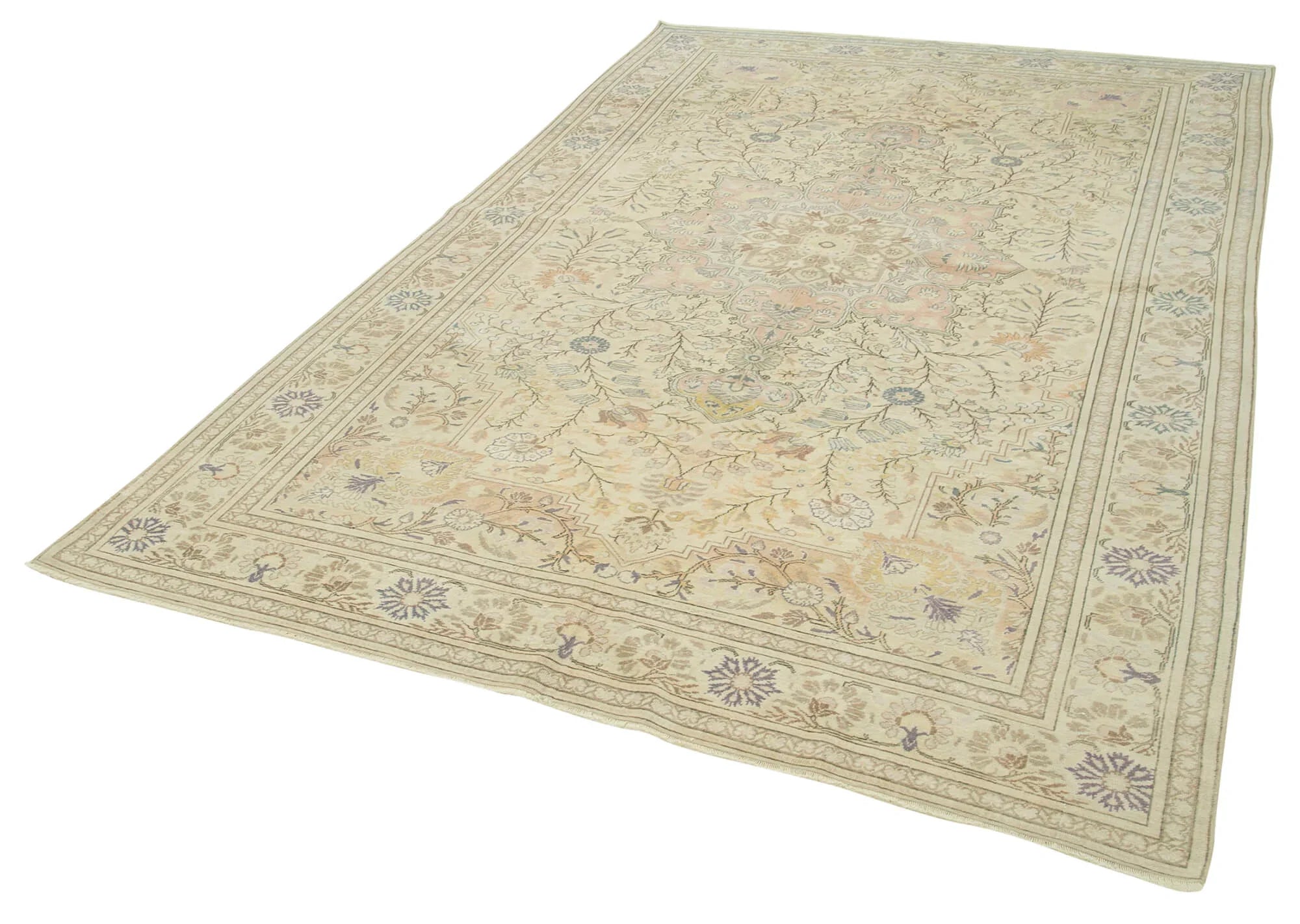 Kayseri Vintage Bej Eskitme Pamuk Yün El Dokuma Halısı 192x304 Agacan