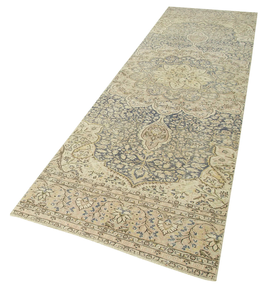 Kayseri Vintage Bej Eskitme Pamuk Yün El Dokuma Halısı 96x345 Agacan
