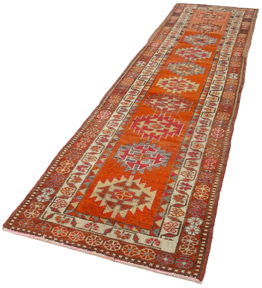 Vintage Herki Kırmızı Eskitme Pamuk Yün El Dokuma Halısı 93x374 Agacan
