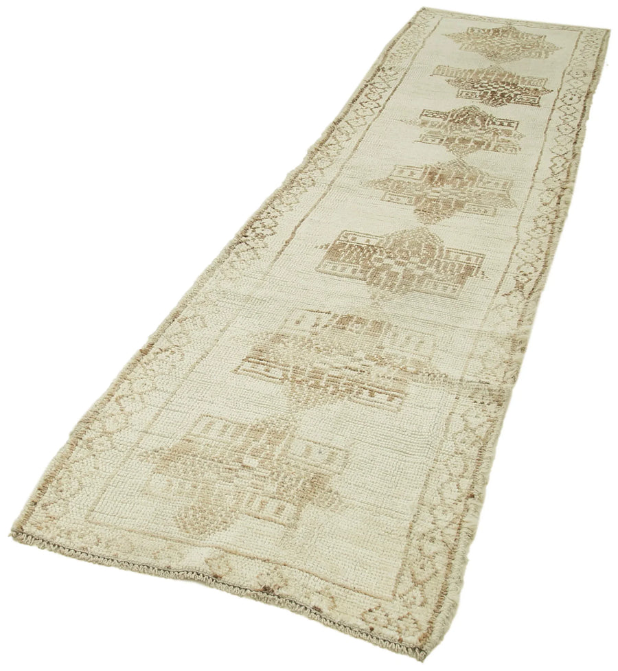 Vintage Herki Bej Eskitme Pamuk Yün El Dokuma Halısı 83x348 Agacan