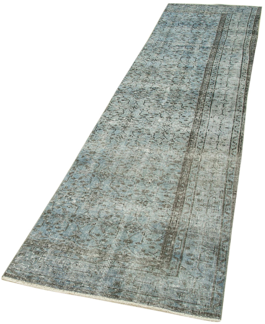 Overdyed Vintage Mavi Eskitme Pamuk Yün El Dokuma Halısı 77x324 Agacan