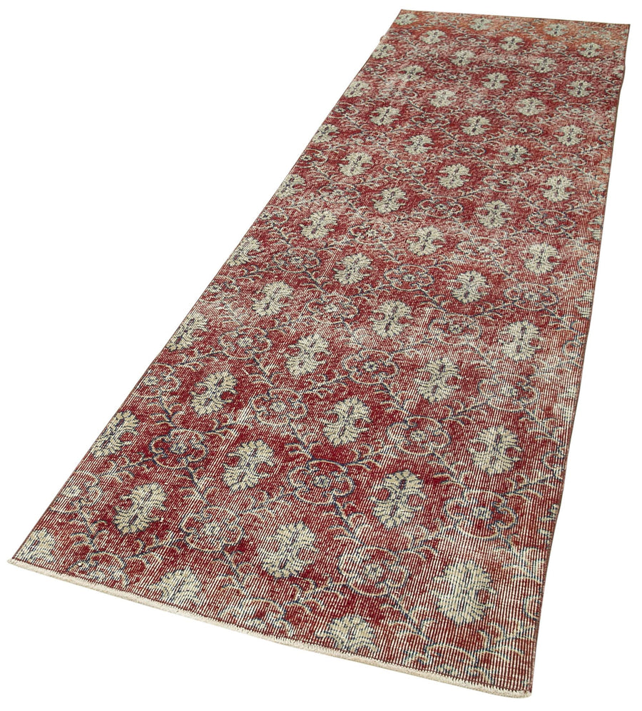 Overdyed Vintage Kırmızı Eskitme Pamuk Yün El Dokuma Halısı 91x326 Agacan