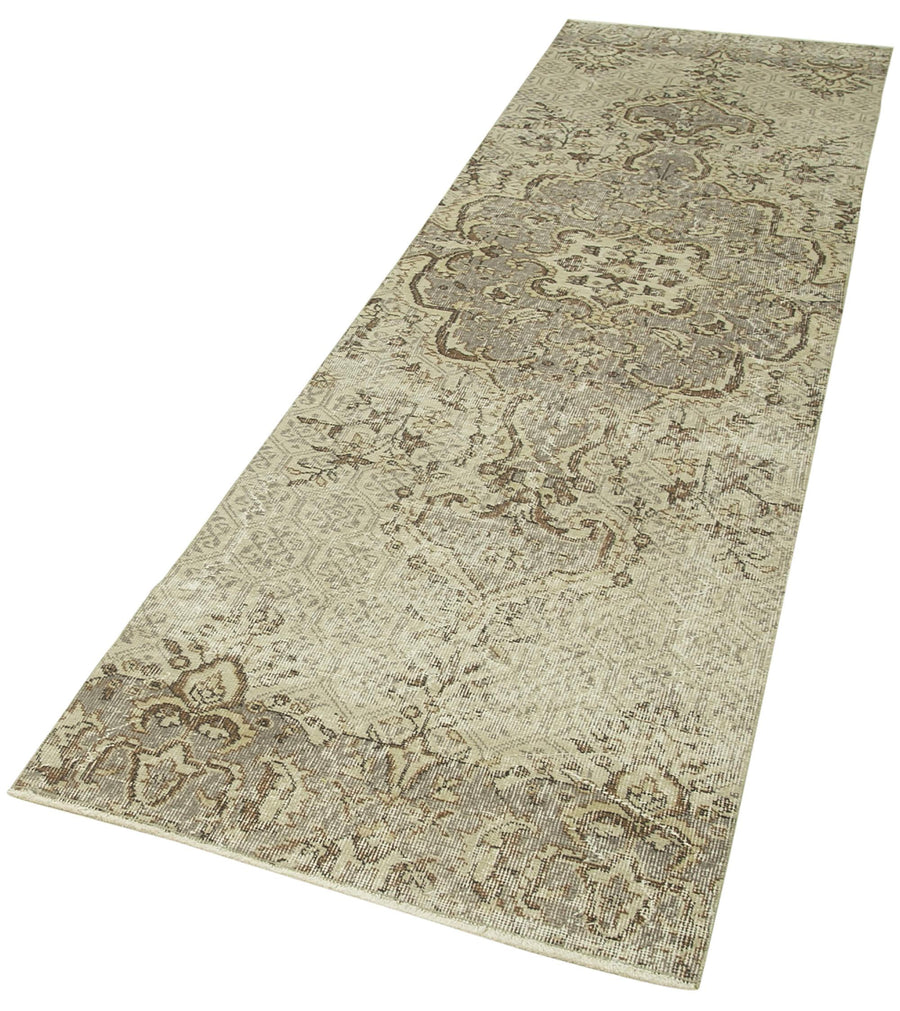 Overdyed Vintage Bej Eskitme Pamuk Yün El Dokuma Halısı 85x305 Agacan