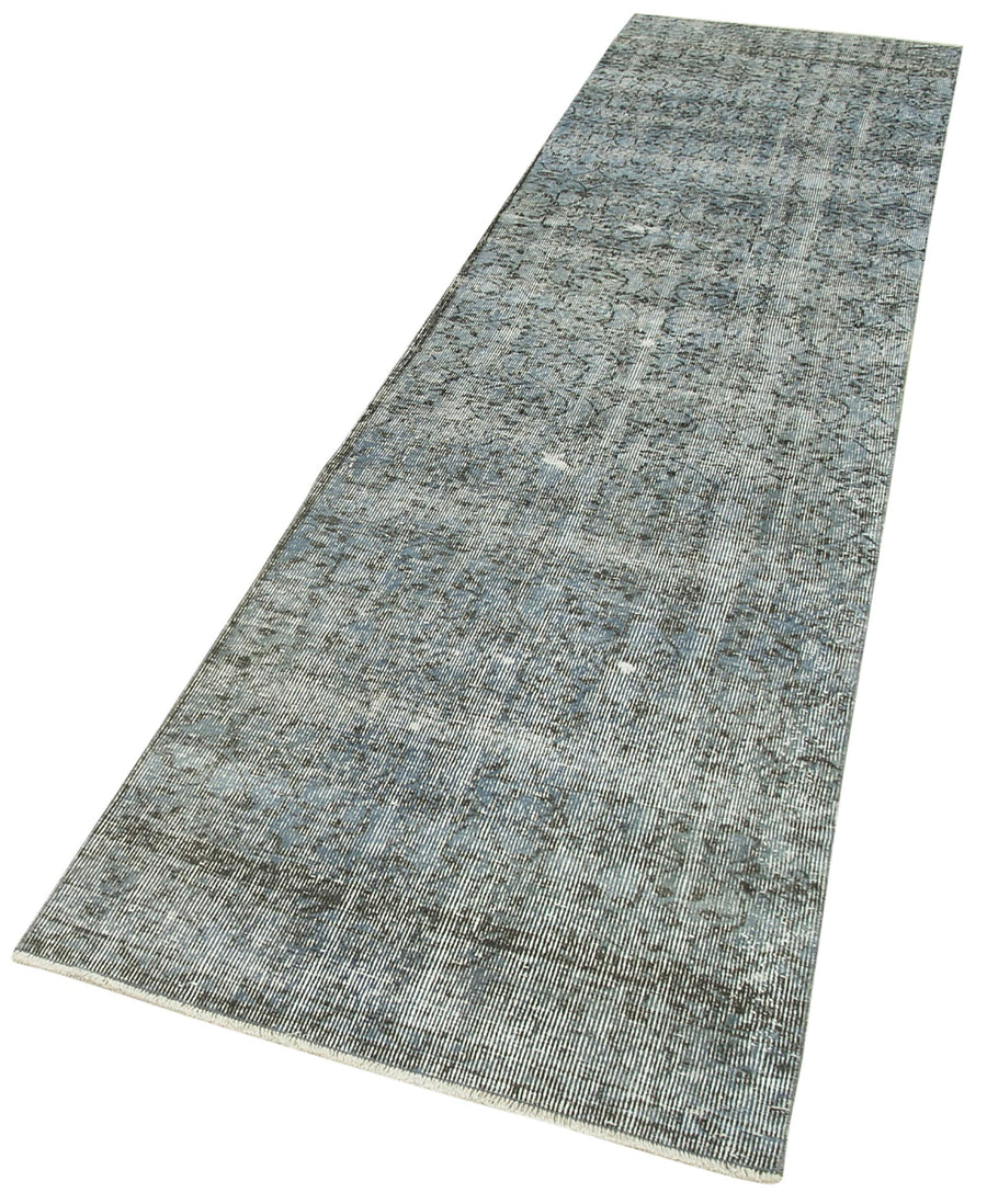 Overdyed Vintage Mavi Eskitme Pamuk Yün El Dokuma Halısı 80x324 Agacan