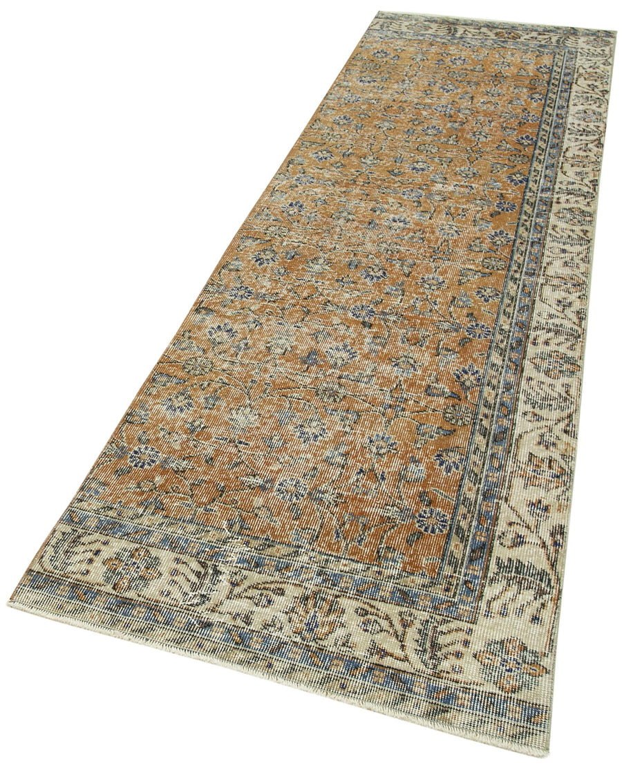 Overdyed Vintage Bej Eskitme Pamuk Yün El Dokuma Halısı 88x307 Agacan