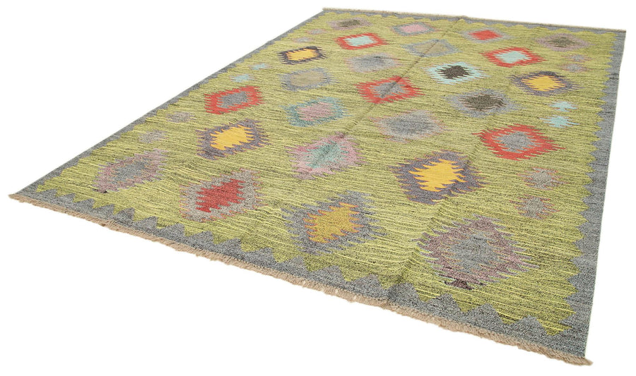 Scrap Sarı Geometrik Pamuk Yün El Dokuma Halısı 286x372 Agacan