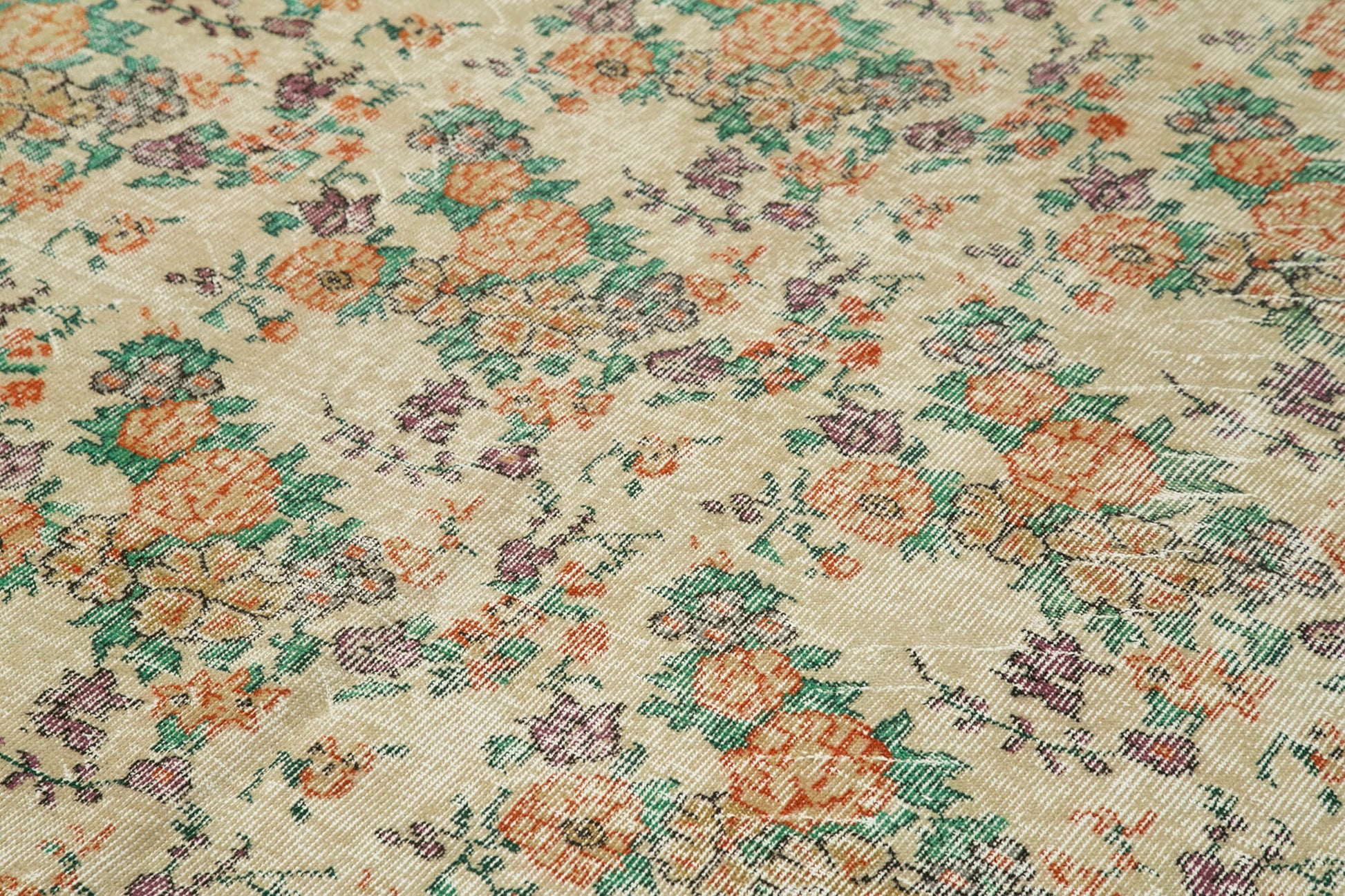 Vintage Bej Eskitme Pamuk Yün El Dokuma Halısı 204x320 Agacan